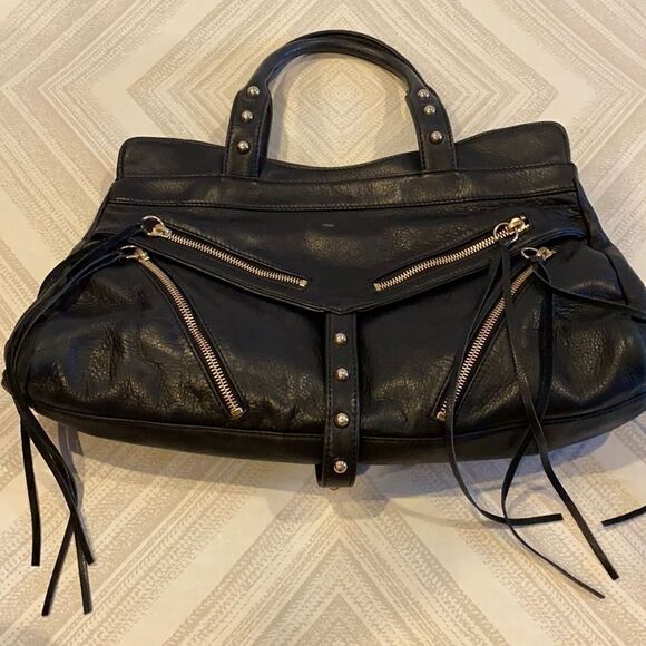 BOTKIER Black Leather Fringe Shoulder Handbag with Gold Hardware - Picture 1 of 9